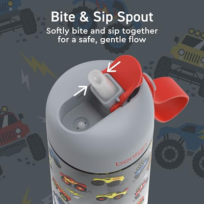 Bentgo Kids Water Bottle - Leak-Proof, Durable Tritan PFAS- & BPA-Free 15 fl oz, Kids/Toddlers Ages 3+ for School & Sports; Bite & Sip Spout, Carrying Handle, Dishwasher Safe (Trucks) - color: Trucks