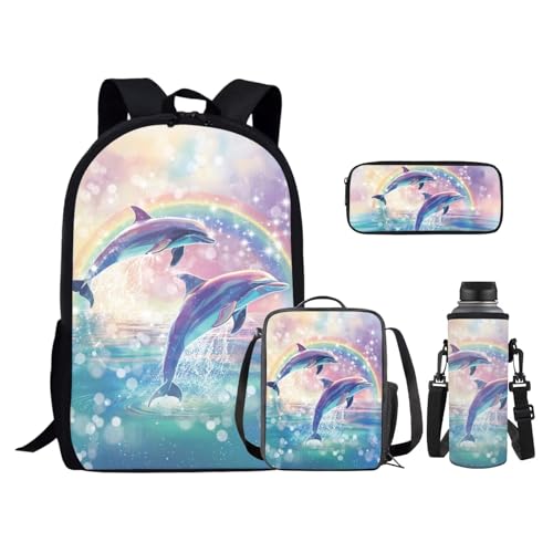 Rainbow Dolphin Backpack for Girls Kids School Backpack Set with Lunch Box Pencil Case Water Bottle Holder Trendy Backpack 4 in 1 Set for Elementary Middle School Students Gifts - color: Rainbow Dolphin