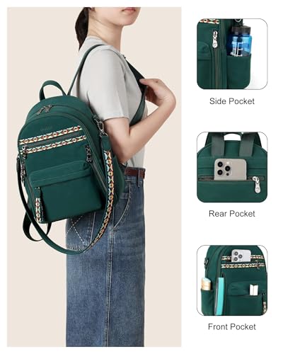 FADEON Small Backpack Purse for Women, Multi-Pocket Bag with IPad Pocket - color: Dark Green Nubuck Style