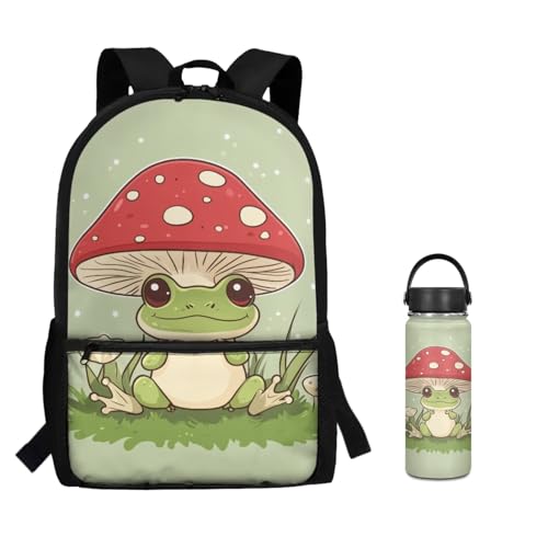 ZOUTAIRONG Green Frog Mushroom Mini Thermos and School Bags for Boys Girls 7-10/10-12/12-16, Casual Backpack with Side Pockets for School Travel - color: Green Frog Mushroom