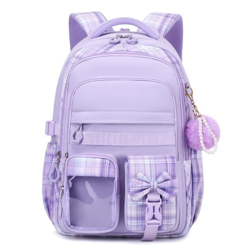 Girls Backpack, Multiple Pockets School Bookbag for Middle School & Elementary School Large Capacity Cute Backpacks for Girls Purple Plaid - color: Purple Plaid