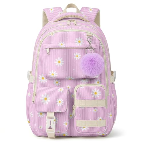 Corduroy Backpack for Teen Girls, Aesthetic Cute Purple Flower School Backpack with Multi-Pocket, Lightweight Bookbag Fits 15.6 Inch Laptop, Large Capacity Casual Daypack for School Travel - color: Purple Flower