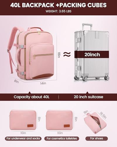 LOVEVOOK 40L Travel Backpack Flight Approved Carry on Backpack,3 Packing Cubes,Waterproof Personal Item Travel Bag,TSA Carry on Luggage Suitcase Travel Essentials,Gifts for Women & Men,fits 17" Laptop - color: Pink-brown, size: Large-40L-4Pcs