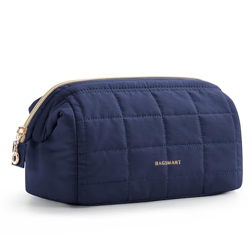 BAGSMART Makeup Bag Travel Toiletry Bag, Puffy Padded Make Up Bags for Women Makeup Organizer Case, Wide-open Pouch Purse Travel Essentials Toiletries Accessories Brushes, Navy Blue - color: 07-Navy Blue