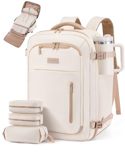 LOVEVOOK Travel Backpack for Women Men with Garment Bag, 50L Carry on Backpack as TSA Personal Item Flight Approved, Luggage Daypack Fits 17.3" Laptop, Overnight Business Weekender Travel Essential - color: White Apricot, size: 50L-18.3 Inch-4Pcs