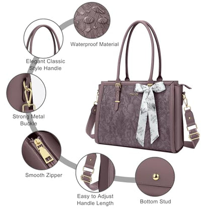 MOSISO Laptop Bag for Women, 17-17.3 inch PU Leather Tote Bag Compatible with MacBook, HP, Dell, Asus Notebook, Front Embossed Retro Hibiscus Computer Bags with Silk Scarf&Clutch Purse, Slate Purple - color: Slate Purple, size: 17.3 inch