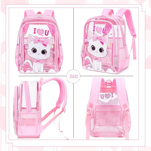 AO ALI VICTORY Clear Backpack for School,PVC Transparent Kids Bookbag for Girls Boys Cute Toddler Back Pack Kindergarten Elementary Schoolbag Stadium Approved See Through Backpacks,Pink Cat - color: Pink Cat