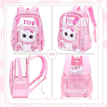 AO ALI VICTORY Clear Backpack for School,PVC Transparent Kids Bookbag for Girls Boys Cute Toddler Back Pack Kindergarten Elementary Schoolbag Stadium Approved See Through Backpacks,Pink Cat - color: Pink Cat
