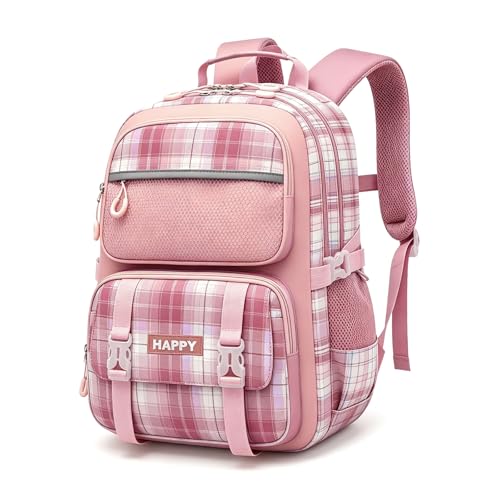 Kids Backpack for Girls,Cute Plaid Backpack,Preppy Bookbag for Elementary & Middle School Students,Large Capacity School Bag,17 Inch,Pink - color: Pink