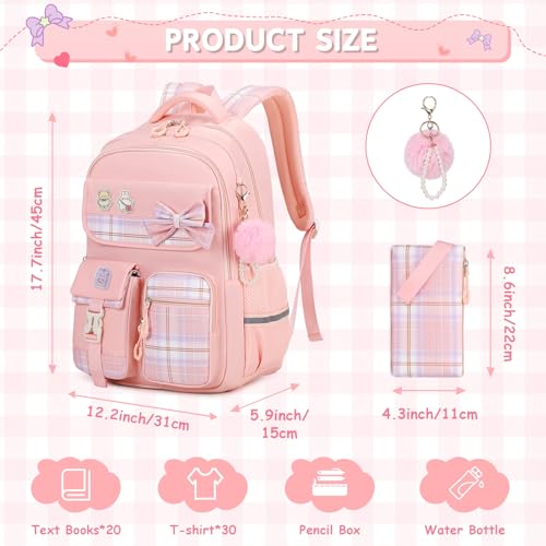 MOONBABY Girls Backpack, Kids Backpack for Girls School Bags with Pen Case, Bow Plaid Book Bag for Elementary Middle Primary High School College, Pink-2pcs - color: Pink