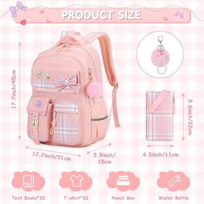 MOONBABY Girls Backpack, Kids Backpack for Girls School Bags with Pen Case, Bow Plaid Book Bag for Elementary Middle Primary High School College, Pink-2pcs - color: Pink