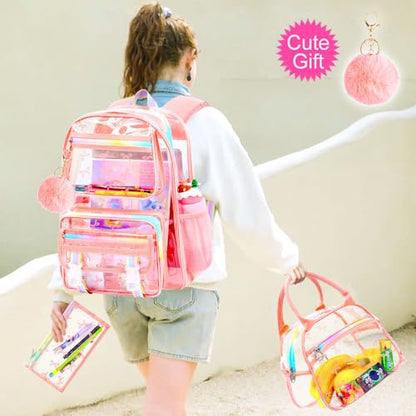 KLFVB 3PCS Clear Bookbag for Girls Heavy Duty, See Through School Backpack Set, Cute Transparent Bag for Women - Bow Pink - color: Bow Pink Clear Backpack