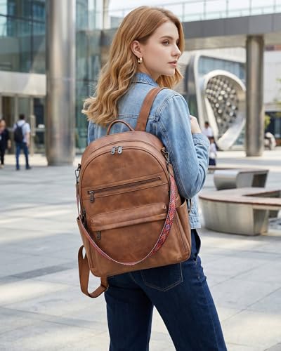 FADEON 15.6 Inch Laptop Backpack Purse for Women, Large Capacity | Vegan Leather Backpack with Padded Straps, Laptop & iPad Slots Fits 13", 14" & 15.6". Roomy for Daily, Work & Travel - color: 1 Brown Retro Style