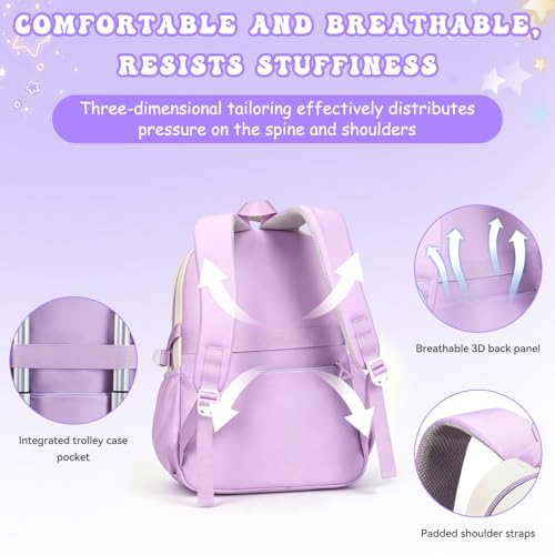 Kids Backpack for Girls,Preppy Bookbag for Elementary & Middle School Students,Cute School Bag with Large Capacity,18 Inch,Purple - color: Purple White