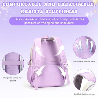 Kids Backpack for Girls,Preppy Bookbag for Elementary & Middle School Students,Cute School Bag with Large Capacity,18 Inch,Purple - color: Purple White