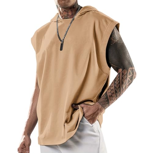 domirica Sleeveless Hooded Mens Shirt Tshirts Loose Fit Fitness Street Outfit Summer Regular Casual Tank Top - color: Khaki, size: 4X-Large