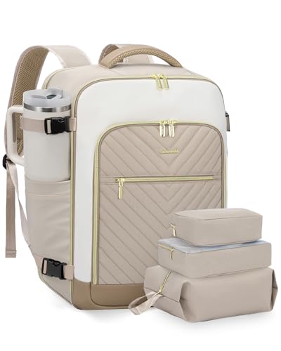 LOVEVOOK Large Travel Backpack for Women, TSA Carry on Backpack for Airplanes, 40L Personal Item Travel Bag for Women fits 17" Laptop,Waterproof Carry on Bag Airplane Approved with 3 Packing Cubes - color: Khaki - Beige - Abricot, size: 40L-4Pcs