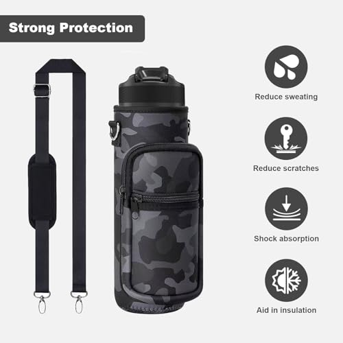Water Bottle Holder with Strap, Insulated Crossbody Sling Bag, Carrier with Phone Pocket for Walking Hiking Camping Fishing - color: Camo Black 03, size: 32oz Long