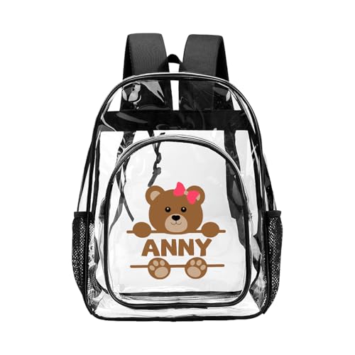 Personalized Clear Backpack for Kids, Custom Little Bear Girls PVC Clear Backpack with Name Reinforced Strap for Girls School College Workplace, Back to School Gifts - color: P-clear Backpack