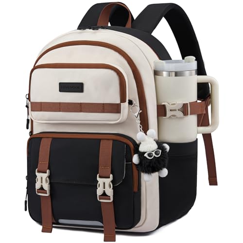 LOVEVOOK School Backpack for Girls, Anti-Sagging Bookbag for Middle High College Back to School, Cute Teen Backpacks with DIY Webbing Fits 15.6" Laptop & 40oz Water Bottle,Black-brown - color: Black-beige-white, size: 15.6 inch