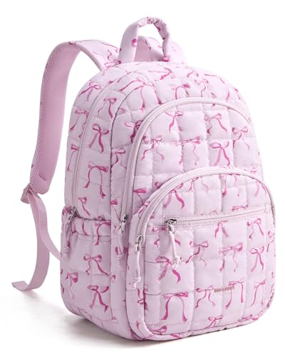 BAGSMART College Laptop Backpack, Travel Backpack for Women, Quilted Casual Daypack, Water-Resistant Bookbag for 15.6 Inch Laptop, Pink Bow Print - color: Pink Bow Print, size: Standard 15.6 Inch