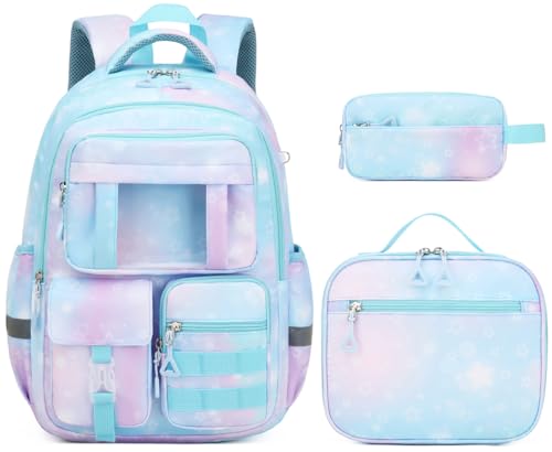Kids Backpack for Girls - 3PCS School Bag for Elementary Middle School, Cute Lightweight Bookbag with Laptop Compartment & Multiple Pockets, Blue Star - color: Blue Star