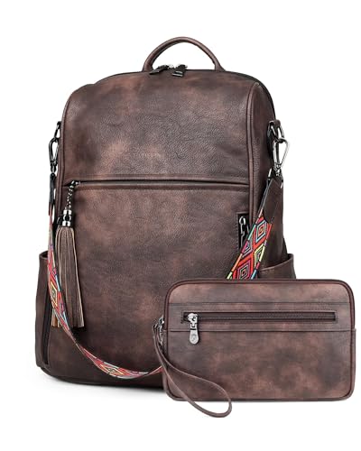 FADEON Womens Backpack Purse Large Designer PU Leather Laptop Backpacks, Ladies Computer Shoulder Bags (3 Coffee Brown Retro Style, Medium (14-in Height)) - color: 3 Coffee Brown Retro Style, size: Medium (14-in Height)