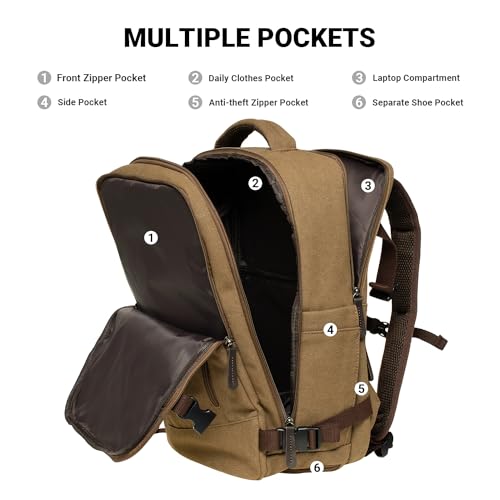 KAUKKO Thick Canvas Travel Backpack, Flight Approved Carry On Backpack with Shoe Pouch and 15.6 inch Laptop Compartment, 40L Luggage Casual Daypack Weekender Bag 10-KHAKI - color: 10-khaki