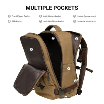 KAUKKO Thick Canvas Travel Backpack, Flight Approved Carry On Backpack with Shoe Pouch and 15.6 inch Laptop Compartment, 40L Luggage Casual Daypack Weekender Bag 10-KHAKI - color: 10-khaki