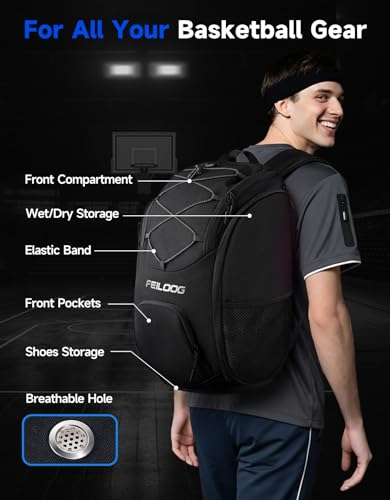 Basketball Backpack Large Sports Bag, Ball Accessories Basketball Equipment Bag with Ball Holder Shoes Compartment - color: Black