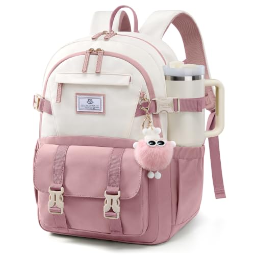 LOVEVOOK School Backpack for Teen Girls, Bookbag for 8-16 Student, Middle High College Back to School Cute Kids Backpack, 17.3 Inch, Pink-beige - color: Pink-beige, size: 17.3 Inch
