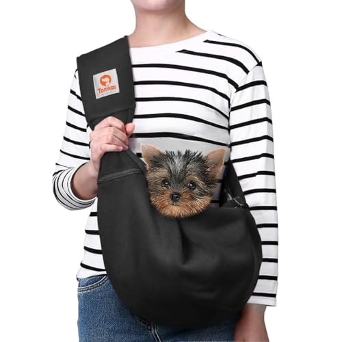 Tomkas Small Dog Cat Sling Carrier Puppy Purse Travel Wrap Soft Crossbody Pet Bag (Black, M - Zip Pocket & Adjust Strap) - color: Black