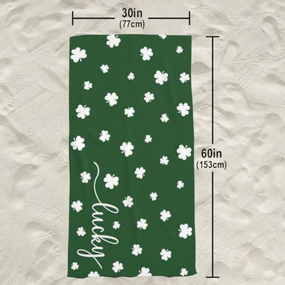 Saint Patrick's Day Lucky Clover Beach Towel, Green Shamrock Lightweight Bath Towels, Quick Dry Absorbent Microfiber Swim Yoga Pool Beach Accessories, 30x60 Inch/ 77X153cm - color: Lucky Clover
