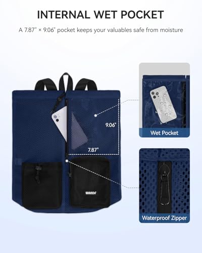 WANDF Swim Bag for Swimmers, Mesh Beach Backpack - color: Navy Blue With 2 Front Pockets, size: Large