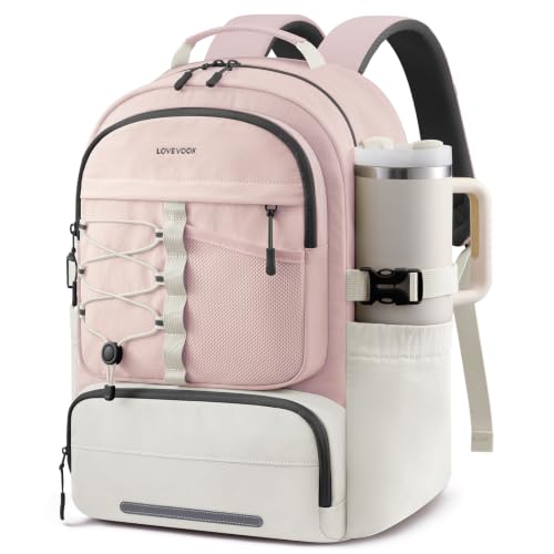 LOVEVOOK School Backpack for Teen Girls, Unique Style College Student Backpacks with Large Cup Holder, Cute Kid Bookbag with Pens Compartment, Large Capacity Back to School Backpack Fit 15.6'' Laptop - color: Pink White, size: Medium