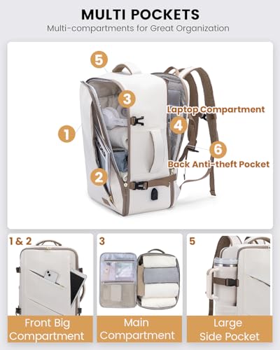 LOVEVOOK Travel Carry on Backpack, Large 40L Personal Item Travel Bag for Men & Women Flight Approved with 3 Packing Cubes, Suitcase Water Resistant Luggage Daypack Business Weekender Bag - color: Beige-khaki, size: 40L-4Pcs