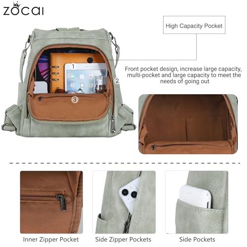 ZOCAI Backpack Purse for Women Medium Anti-Theft Backpacks Purses Design Leather Shoulder Bags with Removable Strap - color: Light Green