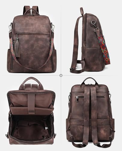 FADEON Leather Laptop Backpack for Women Designer 15.6 inch PU Laptop Bag, Ladies Travel Computer Work Backpack Coffee Brown - color: Coffee Brown Retro Style