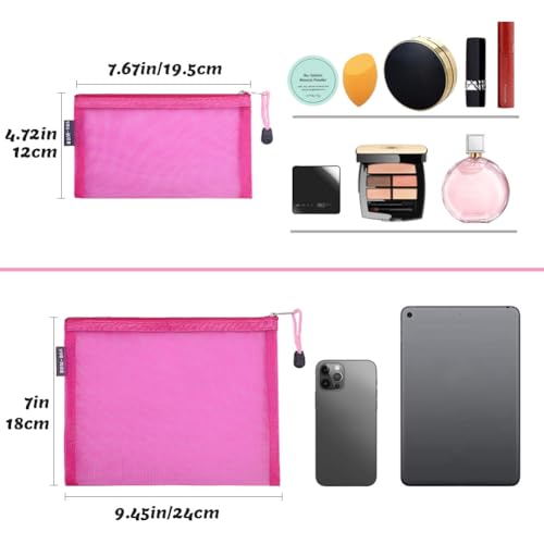 6 Pack Mesh Cosmetic Bags, Nylon Makeup Pouches with Zipper for Home Office Purse Diaper Bag (Rose) - color: Rose(2size)