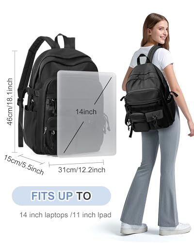 Aesthetic Black School Backpack for Women Men College Backpack With Lots Of Pockets Waterproof Travel Casual Daypack Cute Bookbag For Teens Girls Boys High School Bag - color: B1-black