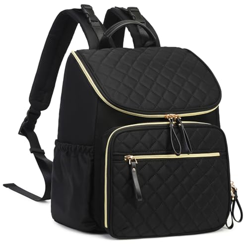LORADI Lightweight Diaper Bag Backpack, Baby Shower Gifts, Black-gold | Stroller Clips, Insulated Pockets, Water-resistant, Easy to Clean, Durable - color: Black-gold