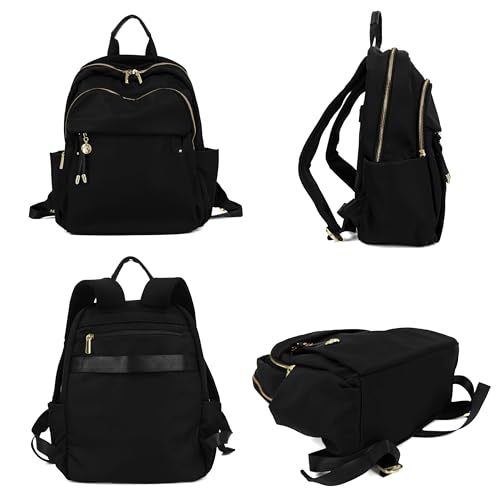 M-ioi-M Medium Backpack Purse for Women, Fashion Nylon Daypack with Gold Hardware, Lightweight Water-Resistant Rucksack for College, Work, Travel, Everyday Use, Fits 13–14" Laptop (Black, Medium) - color: Black,medium