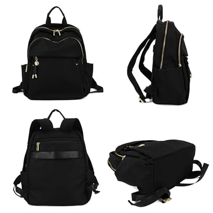 M-ioi-M Medium Backpack Purse for Women, Fashion Nylon Daypack with Gold Hardware, Lightweight Water-Resistant Rucksack for College, Work, Travel, Everyday Use, Fits 13–14" Laptop (Black, Medium) - color: Black,medium