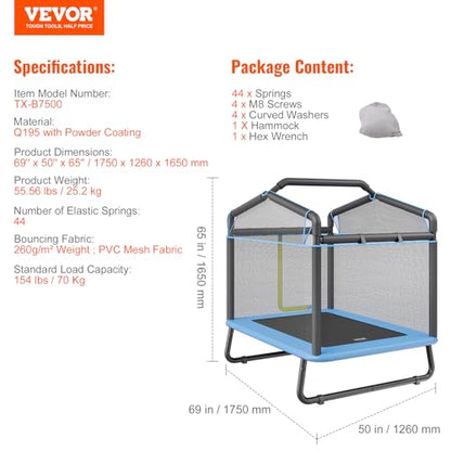 VEVOR 6FT Trampoline 72" Indoor/Outdoor Trampoline, Mini Trampolines with Safety Enclosure Net, Gymnastics Bar, Hammock, Recreational Trampoline Birthday