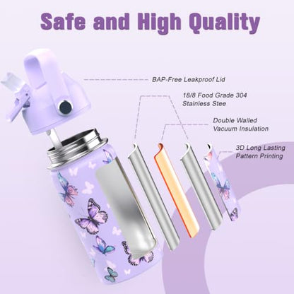Bevalsa Backpack for Girls, School Bookbag Teen Girls Backpack Set with 14oz Insulated Water Bottle Stainless Steel, Lunch Bag & Pencial Case for Kids Elementary Middle Student (Purple Butterfly) - color: Purple Butterfly