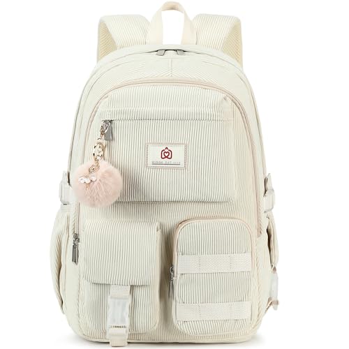 Hidds School Backpack for Teens Girls Women 15.6 Inch Laptop College Backpacks Corduroy Kids Bookbag Students Travel Daypack Womens (Beige) - color: Beige