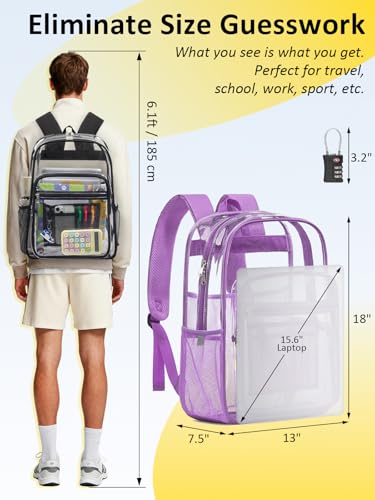 Clear Backpack Heavy Duty With A TSA Lock, 18 Inch Large Clear Back pack, Transparent See Through Bookbag for College, Work, Travel, Sport- Violet - color: Purple