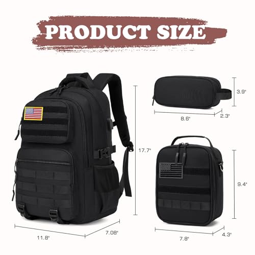 Camo Backpack for Boys, Tactical Boys Backpack with Lunch Box Pencil Case, Kids Backpacks with USB Charging Port, Military Army School Bookbag for Teen Boy Elementary Middle High School Camp - color: Black
