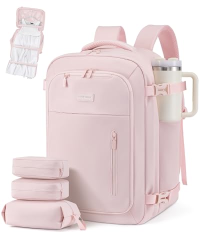 LOVEVOOK Travel Backpack for Women Men with Garment Bag, 40L Carry on Backpack as TSA Personal Item Flight Approved, Luggage Daypack Fits 17.3" Laptop, Overnight Business Weekender Travel Essential - color: Light Pink, size: 40L-17.3 Inch-4Pcs