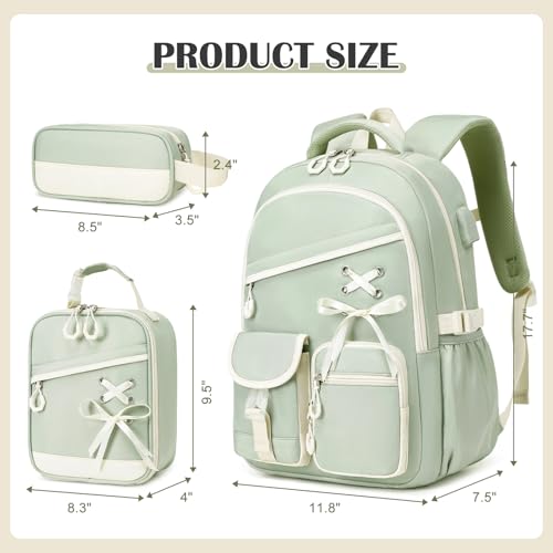DIGOBAY Backpacks for Girls - 3PCS Girls Backpack with Lunch Box & Pencil Pouch School Backpacks for Elementary Middle High College School Bookbag for Teen Girl Kids Students Green - color: Green